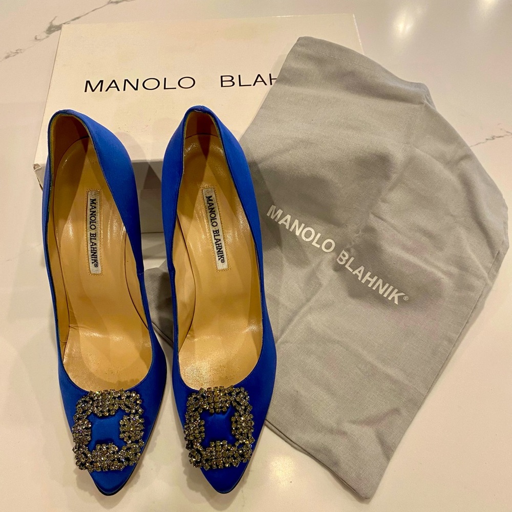 Manolo Blahnik Hangisi 105mm Satin Royal Blue Pumps Heels 40.5